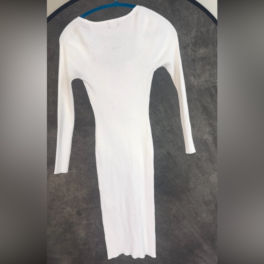 Jolie & Joy White Ribbed Bodycon Dress M | Sweetheart Neck Long Sleeve Midi - Picture 4 of 6